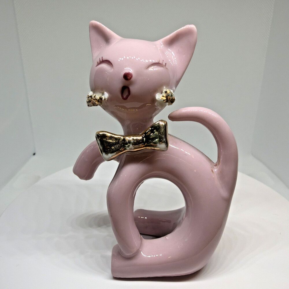Vintage Thames Japan MCM Pink Cat Figurine Spaghetti Trim Gold Box 1950s